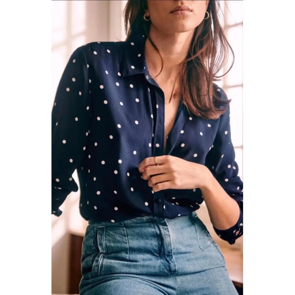Sézane Ann Polka Dot Navy Silk Button Up Shirt